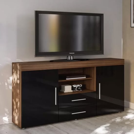 Edged Wooden TV Sideboard In Walnut And Black High Gloss