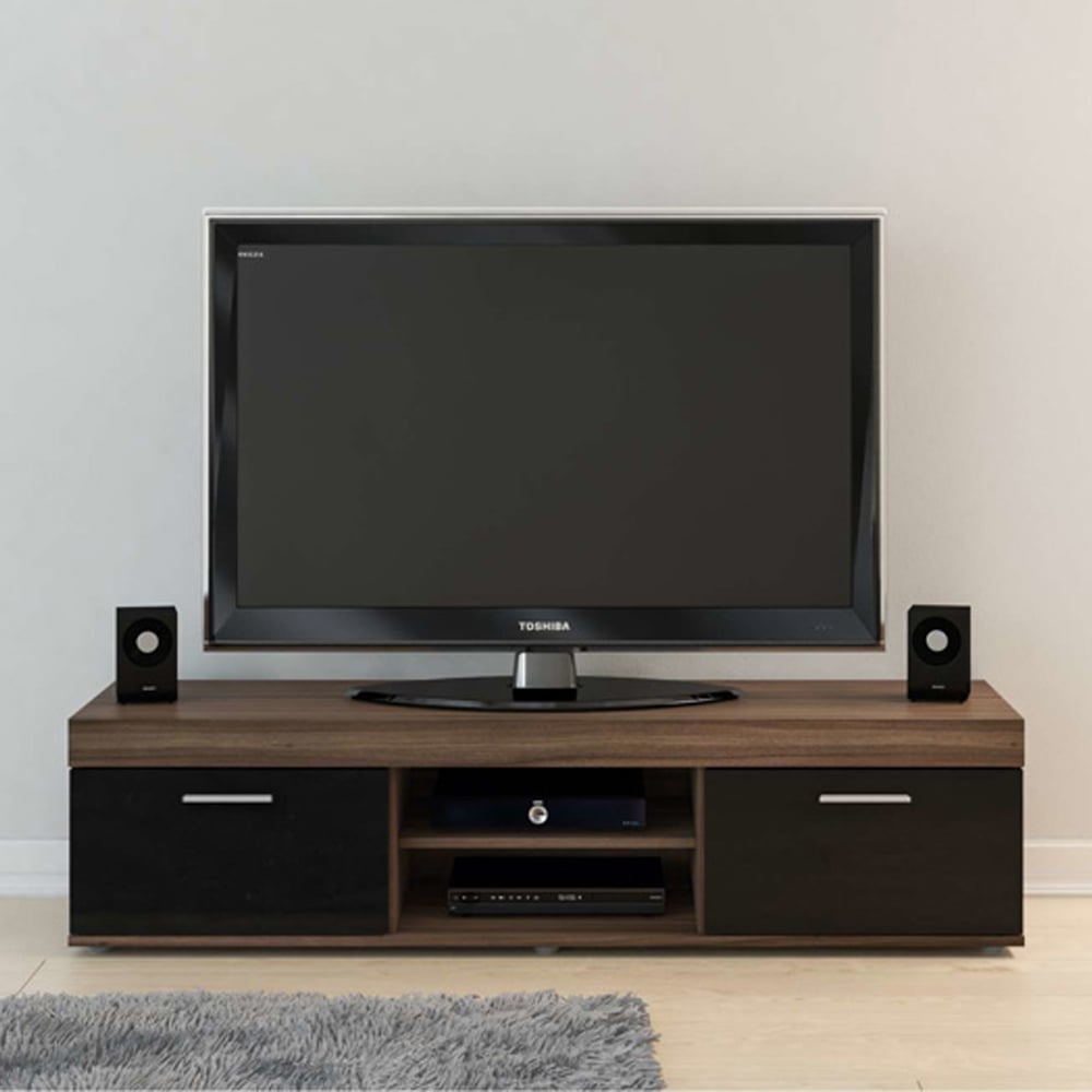 Edged Wooden TV Stand With 2 Black Gloss Doors In Walnut