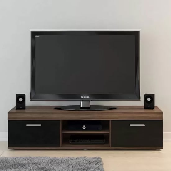 Edged Wooden TV Stand Large In Walnut And Black High Gloss