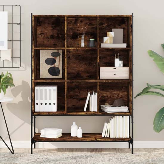 Edisto Wooden Bookcase With 9 Shelves In Smoked Oak