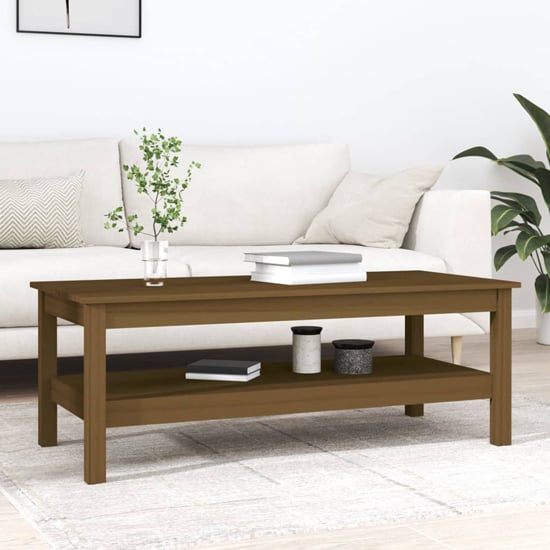 Product photograph of Edita Pine Wood Coffee Table With Undershelf In Honey Brown from Furniture in Fashion
