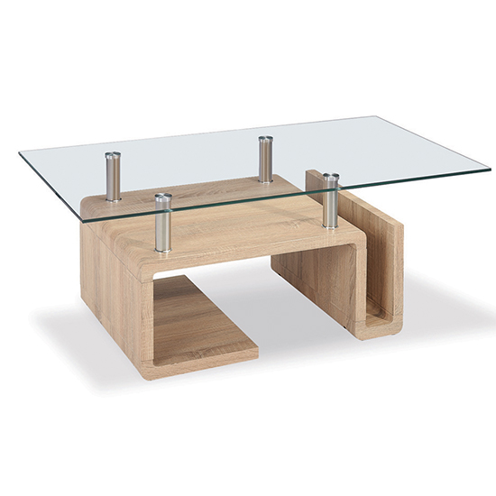 Read more about Eirian clear glass coffee table with natural wooden base