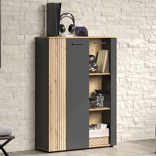 Eilat Wooden Highboard In Anthracite And Evoke Oak With LED