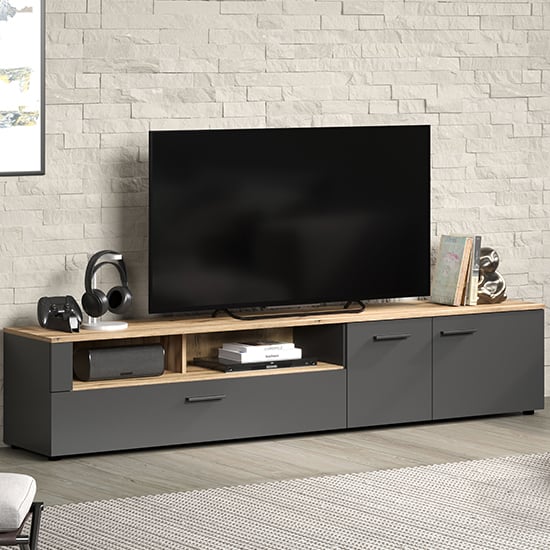 Product photograph of Eilat Wooden Tv Stand In Anthracite And Evoke Oak With Led from Furniture in Fashion