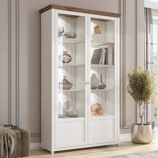 Eilat Wooden Display Cabinet Tall 2 Doors In Abisko Ash With LED