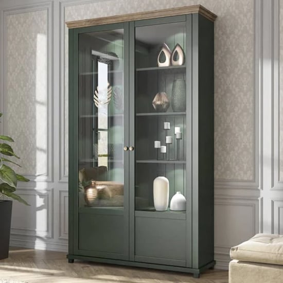 Product photograph of Eilat Wooden Display Cabinet Tall 2 Doors In Green With Led from Furniture in Fashion