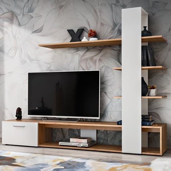 Eilat Wooden Entertainment Unit In Wotan Oak And White