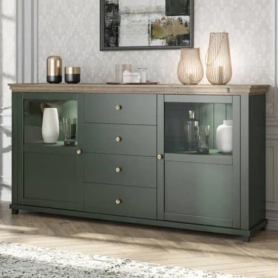 Product photograph of Eilat Wooden Sideboard 2 Doors 4 Drawers In Green With Led from Furniture in Fashion