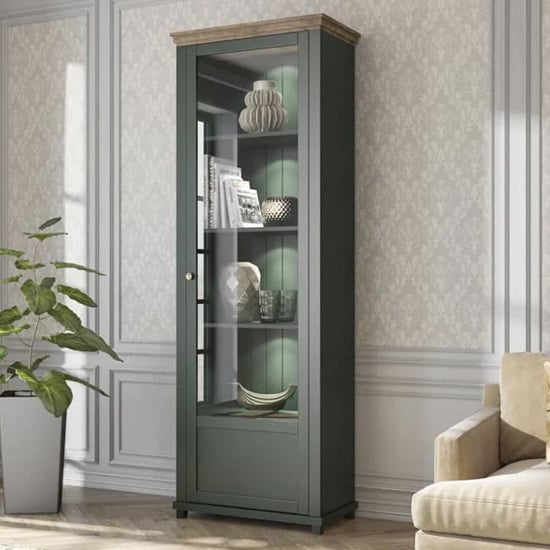 Read more about Eilat wooden tall display cabinet right in green and led