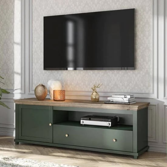 Read more about Eilat wooden tv stand 1 door 1 drawer in green with led