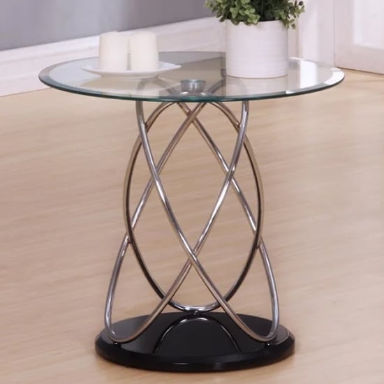 Product photograph of Einav Clear Glass Lamp Table Round With Black High Gloss Base from Furniture in Fashion