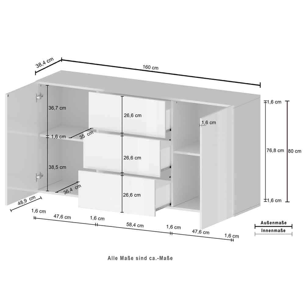 Eindhoven High Gloss Sideboard With 2 Doors 3 Drawers In White