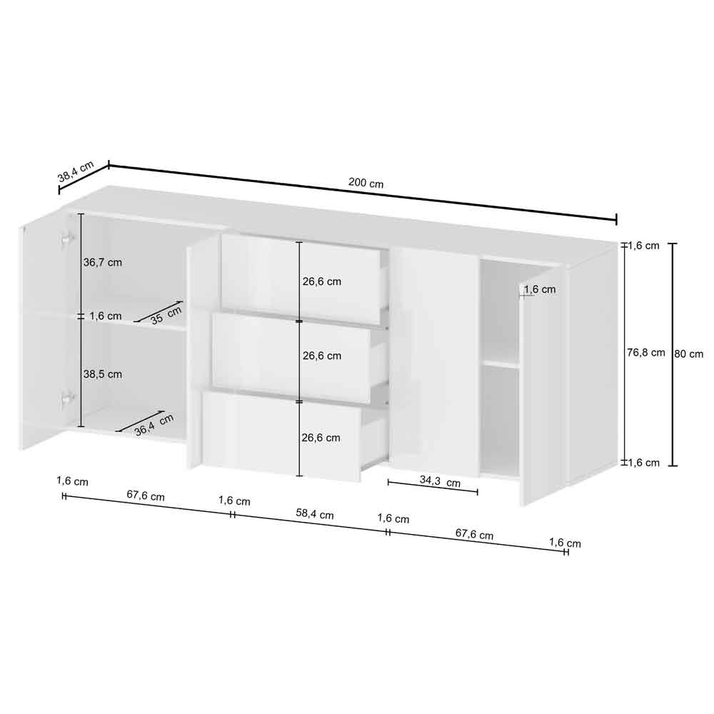 Eindhoven High Gloss Sideboard With 4 Doors 3 Drawers In White