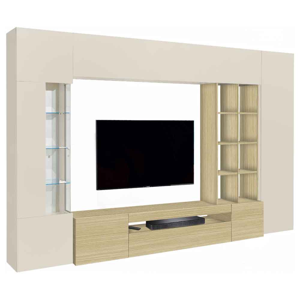 Eindhoven Wooden Entertainment Unit With Bookcase In Cashmere And Chopin Oak