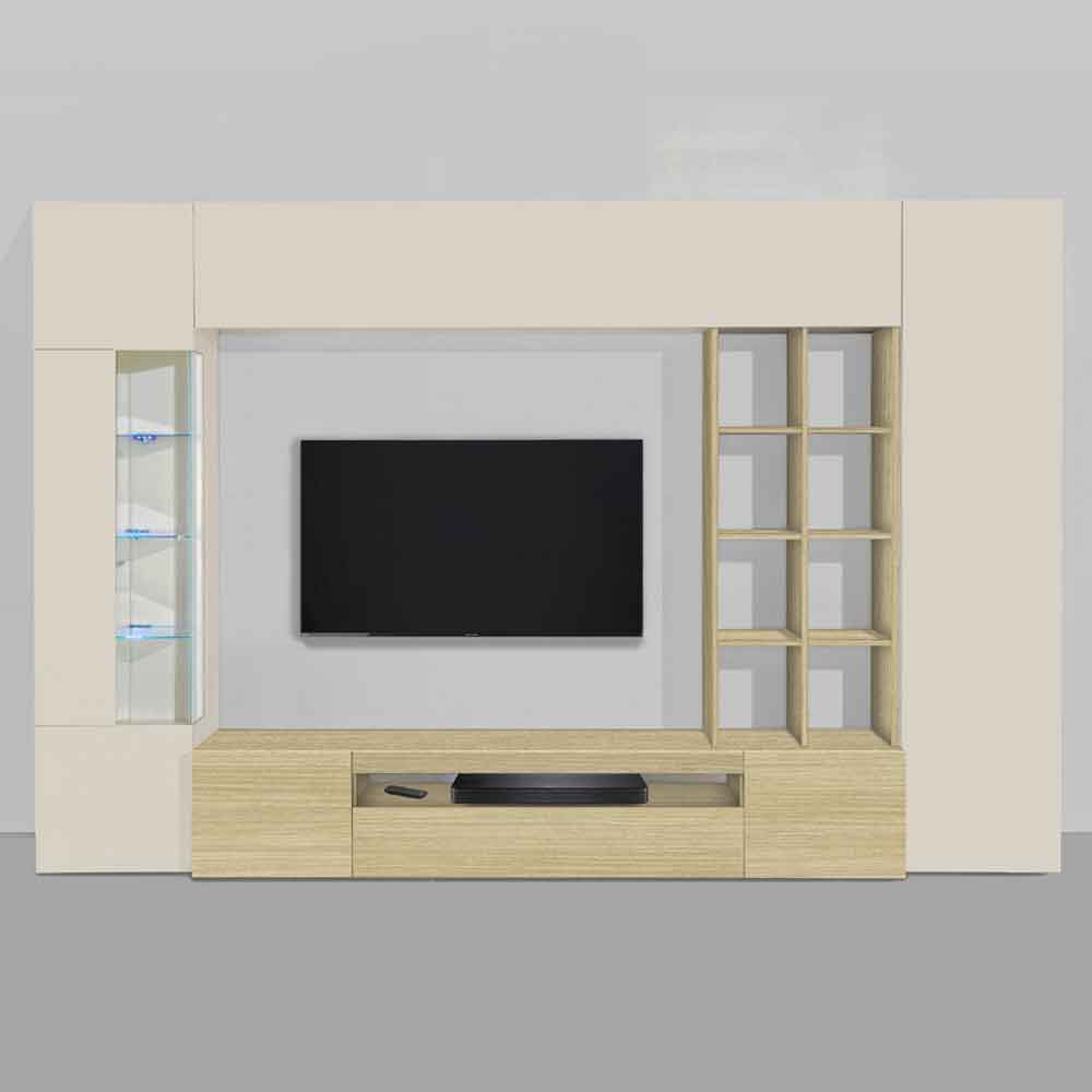 Eindhoven Wooden Entertainment Unit With Bookcase In Cashmere And Chopin Oak