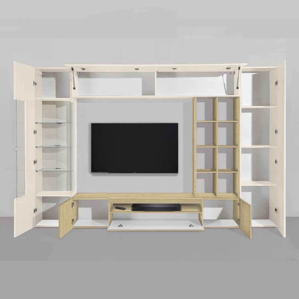 Eindhoven Wooden Entertainment Unit With Bookcase In Cashmere And Chopin Oak