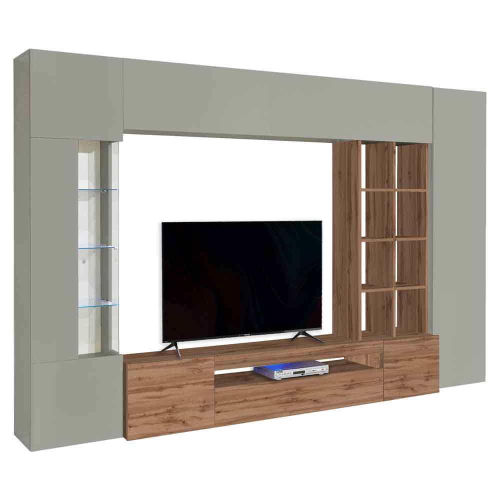 Eindhoven Wooden Entertainment Unit With Bookcase In Taupe And Wotan oak