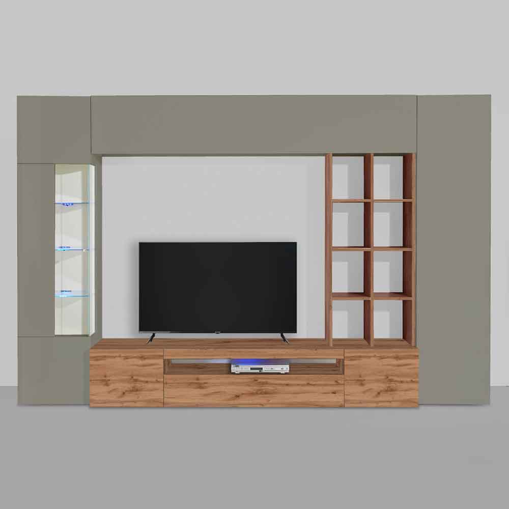 Eindhoven Wooden Entertainment Unit With Bookcase In Taupe And Wotan oak