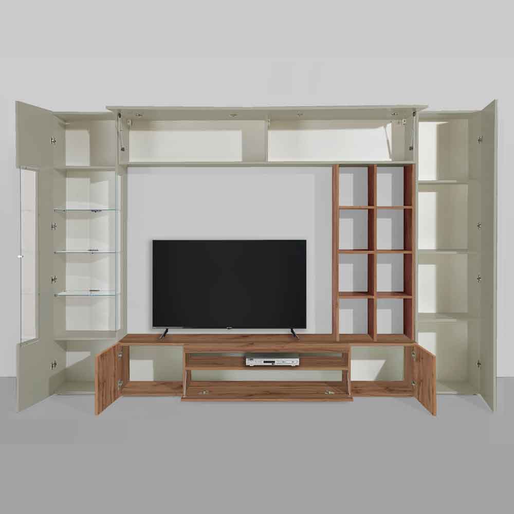Eindhoven Wooden Entertainment Unit With Bookcase In Taupe And Wotan oak