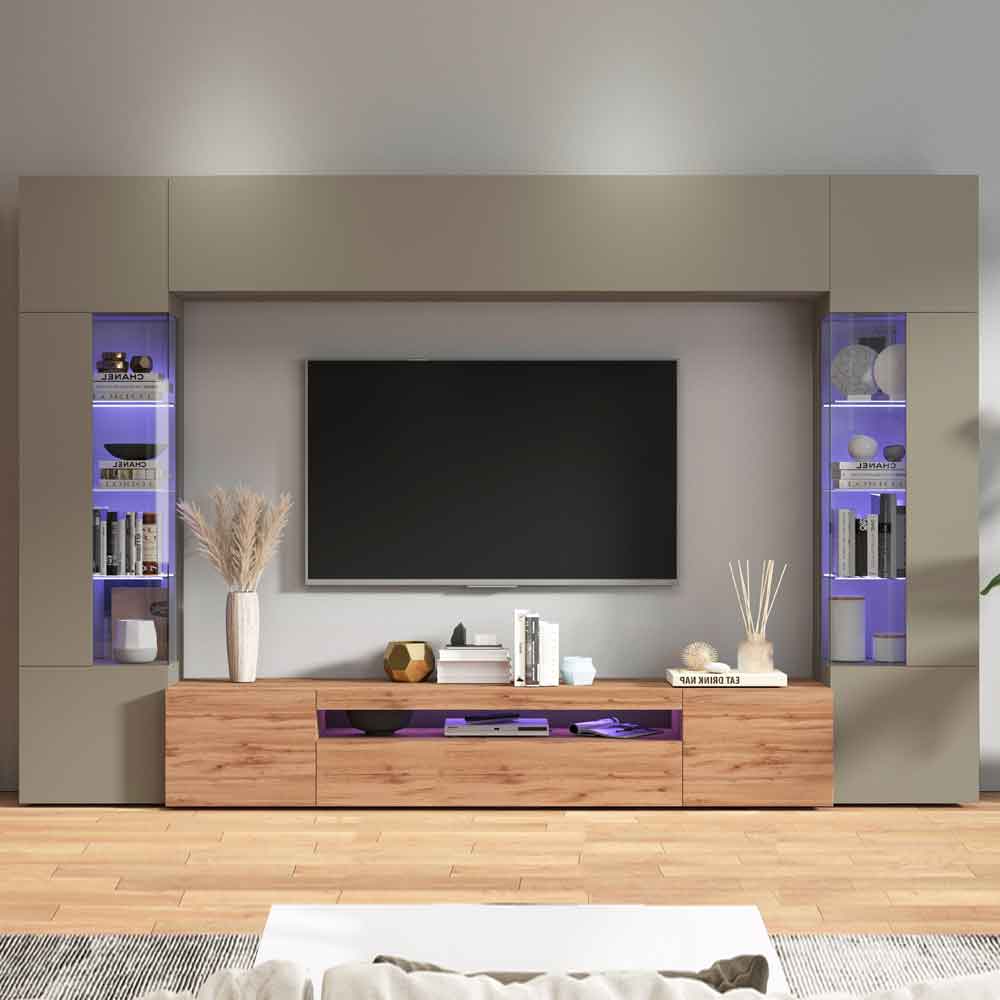 Eindhoven Wooden Entertainment Unit In Taupe And Wotan oak