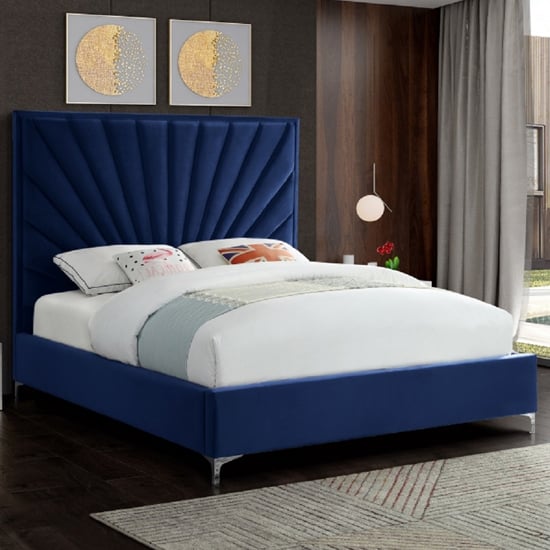 Photo of Einod plush velvet upholstered double bed in blue