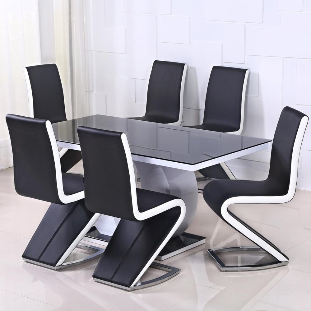 Eira Glass Top Dining Table In With 6 Aelia Chairs In Black