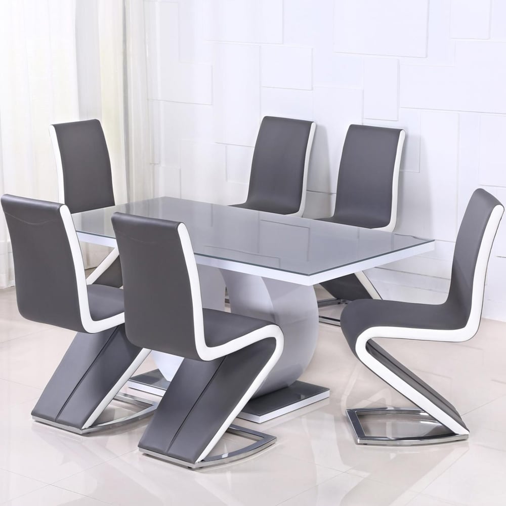 Eira Glass Top Dining Table In With 6 Aelia Chairs In Grey