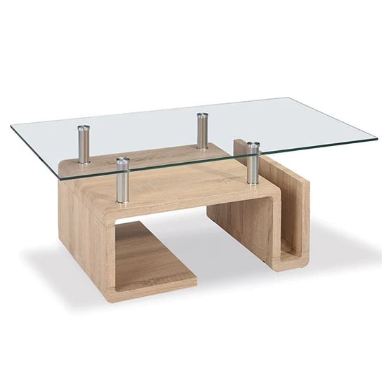 Read more about Eirian clear glass coffee table with natural wooden base