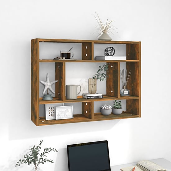 Photo of Eissa rectangular wooden wall shelf in smoked oak