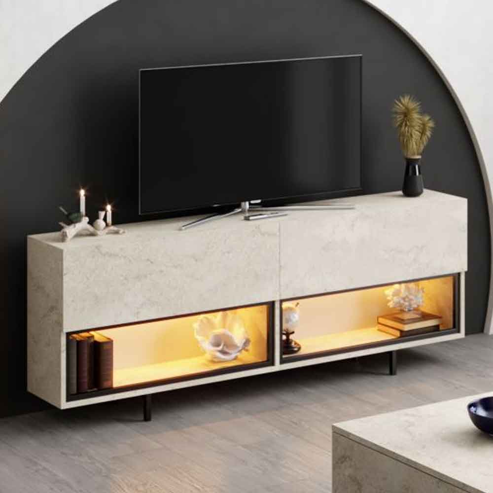 Ekol Down Wooden LED TV Stand with 2 Doors in Travertine Marble Effect