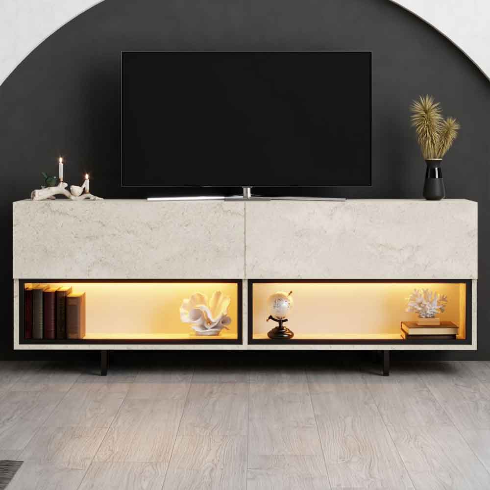 Ekol Down Wooden LED TV Stand with 2 Doors in Travertine Marble Effect