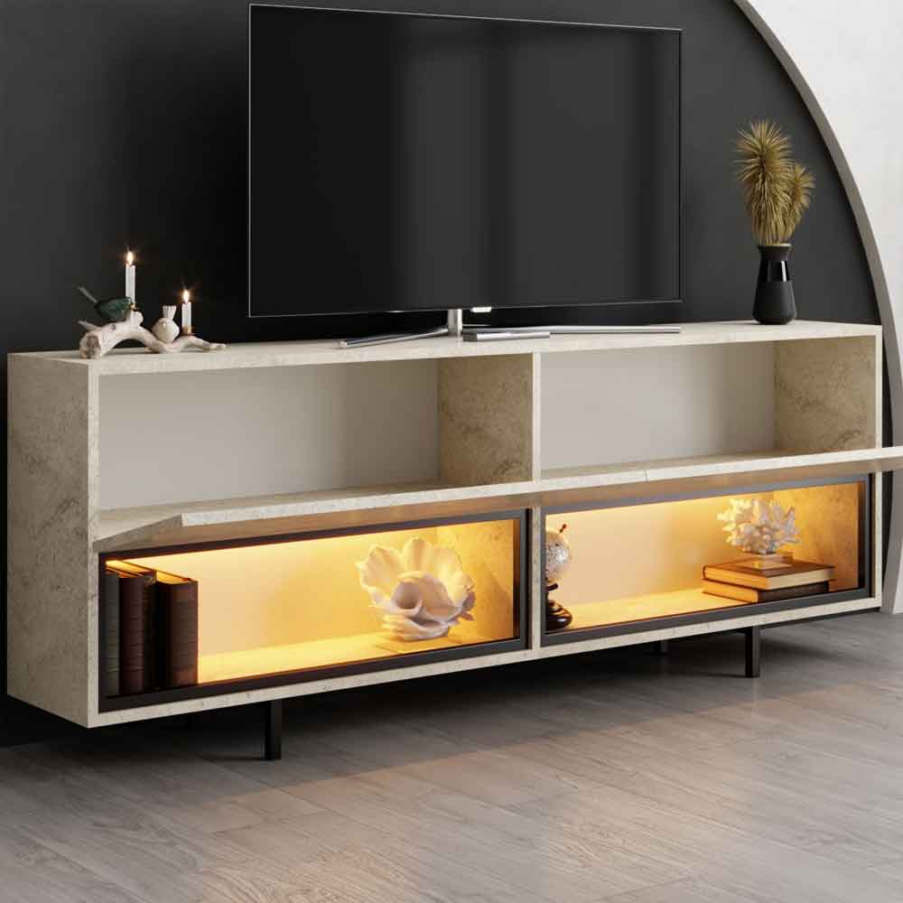 Ekol Down Wooden LED TV Stand with 2 Doors in Travertine Marble Effect