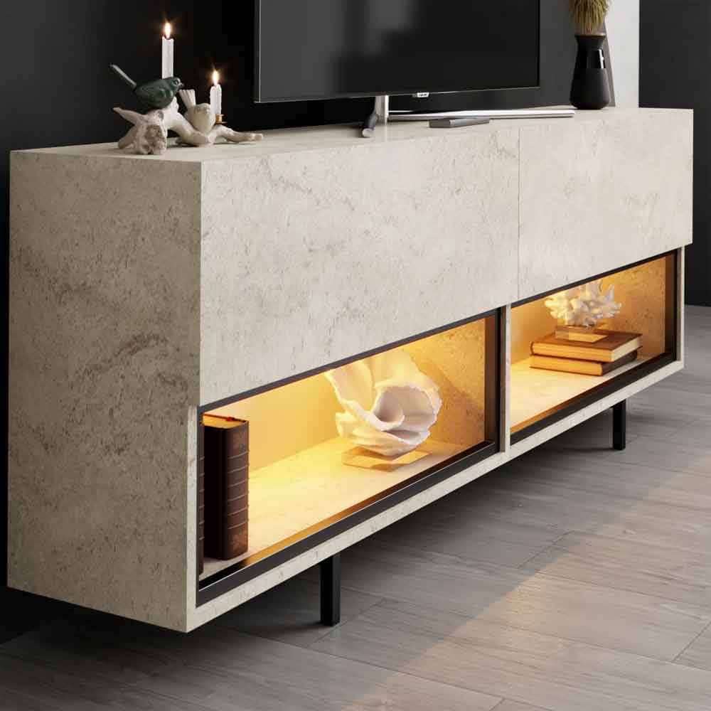 Ekol Down Wooden LED TV Stand with 2 Doors in Travertine Marble Effect