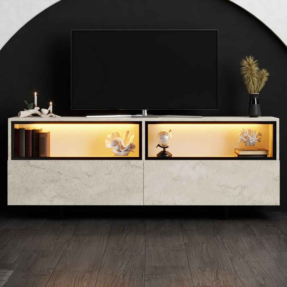 Ekol Up Wooden LED TV Stand with 2 Doors in Travertine Marble Effect