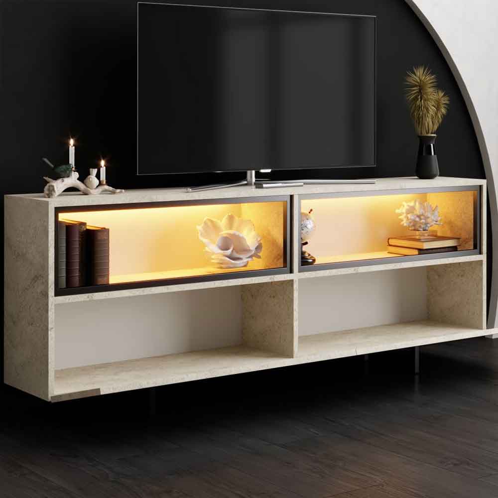 Ekol Up Wooden LED TV Stand with 2 Doors in Travertine Marble Effect