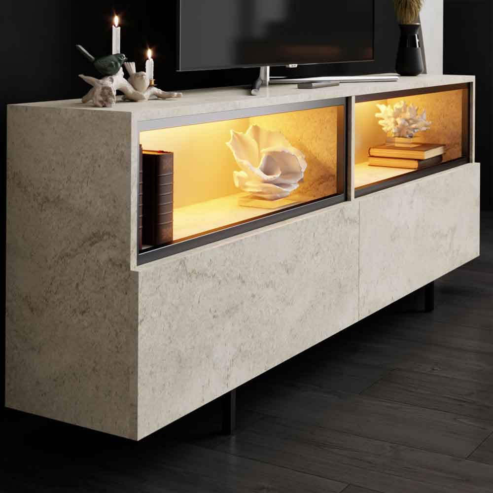 Ekol Up Wooden LED TV Stand with 2 Doors in Travertine Marble Effect