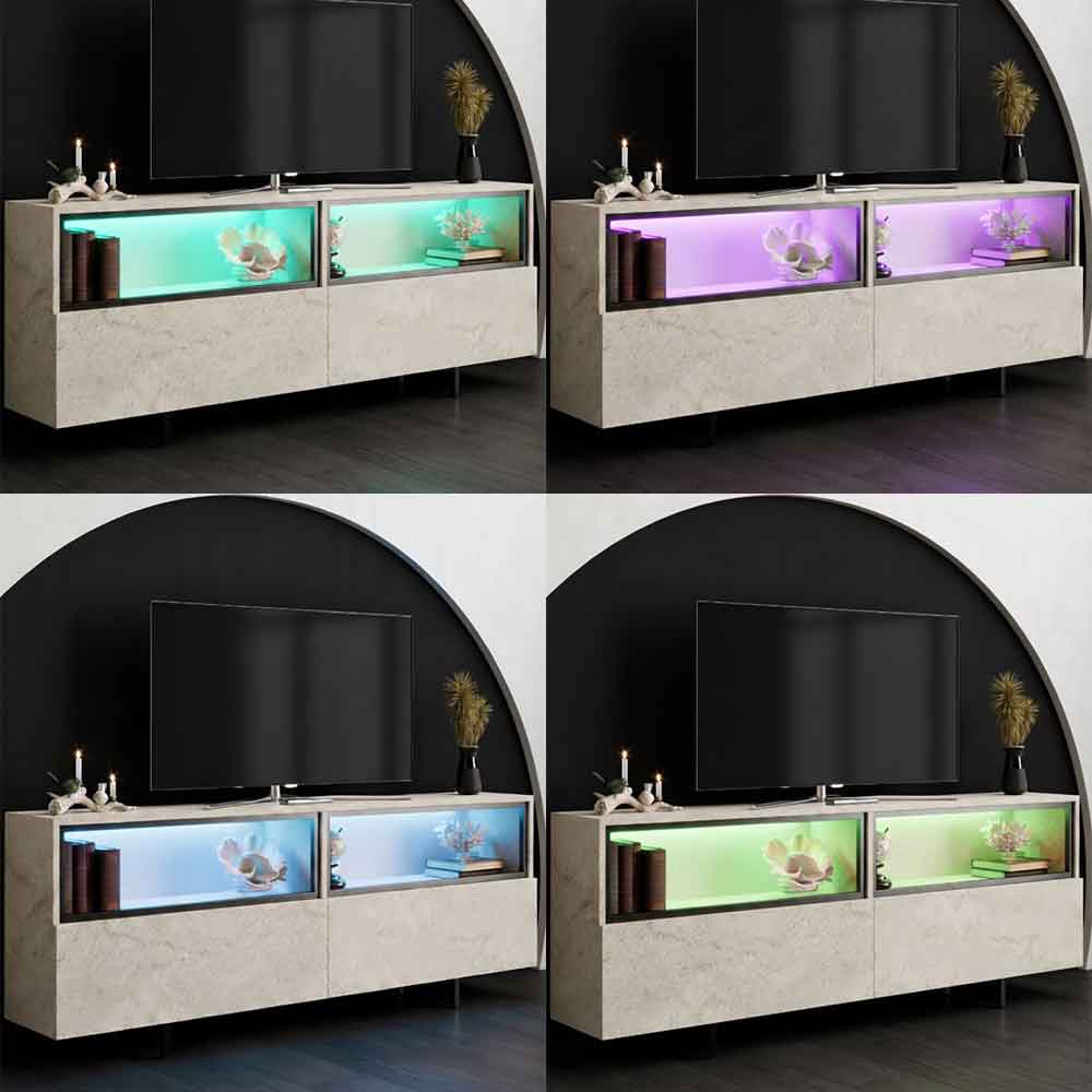 Ekol Up Wooden LED TV Stand with 2 Doors in Travertine Marble Effect