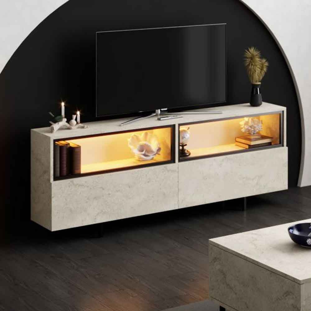 Ekol Up Wooden LED TV Stand with 2 Doors in Travertine Marble Effect
