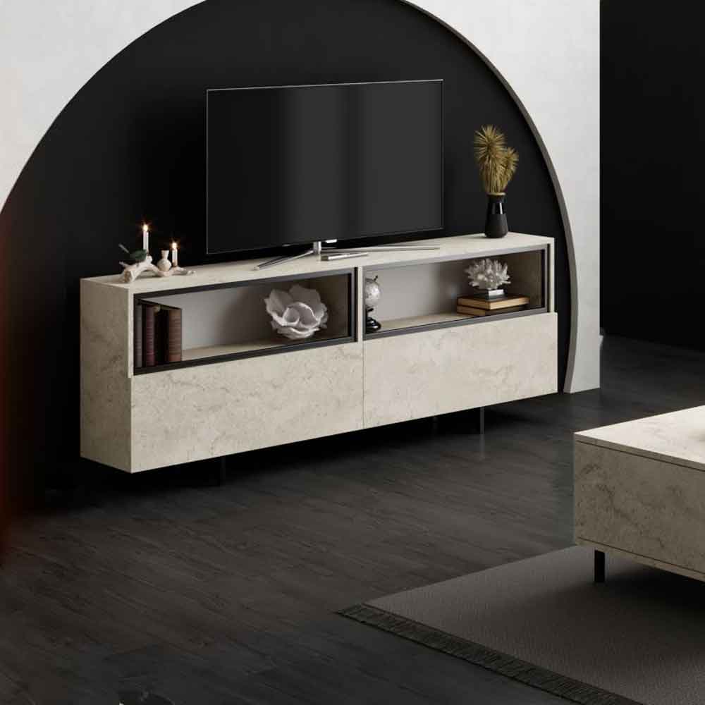 Ekol Up Wooden LED TV Stand with 2 Doors in Travertine Marble Effect