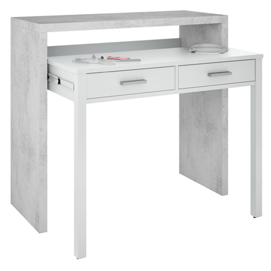 Product photograph of Elaina Pull Out Wooden Laptop Desk In White And Concrete from Furniture in Fashion