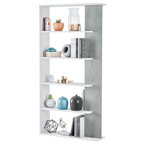 Elaina Wooden Bookcase With 5 Shelves In White And Concrete_1
