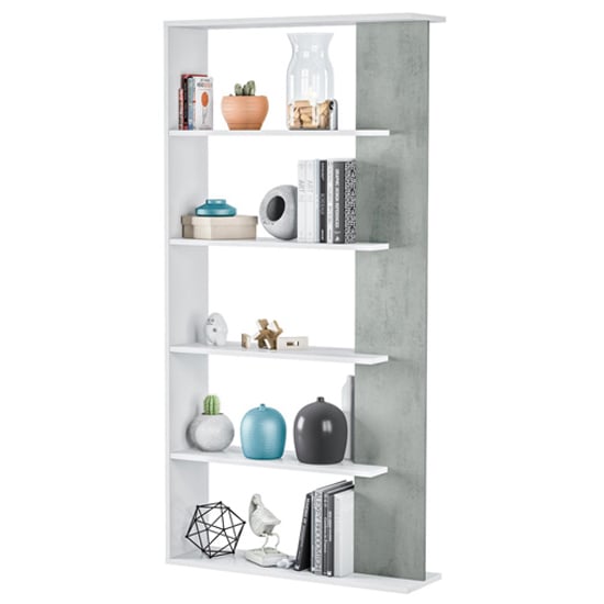 Photo of Elaina wooden bookcase with 5 shelves in white and concrete