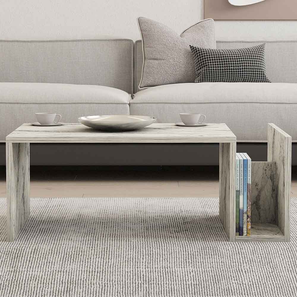 Elara Wooden Coffee Table with Magazine Rack in Freesia Marble Effect