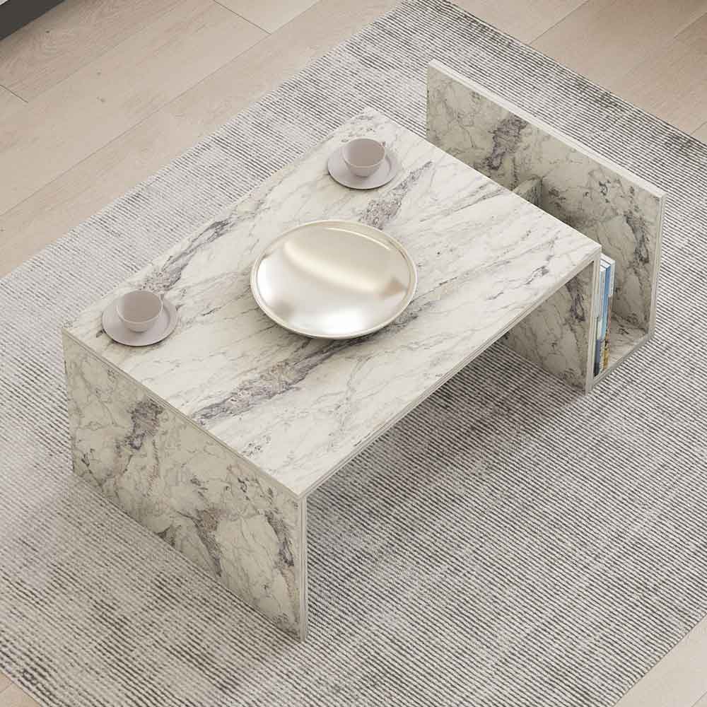 Elara Wooden Coffee Table with Magazine Rack in Freesia Marble Effect