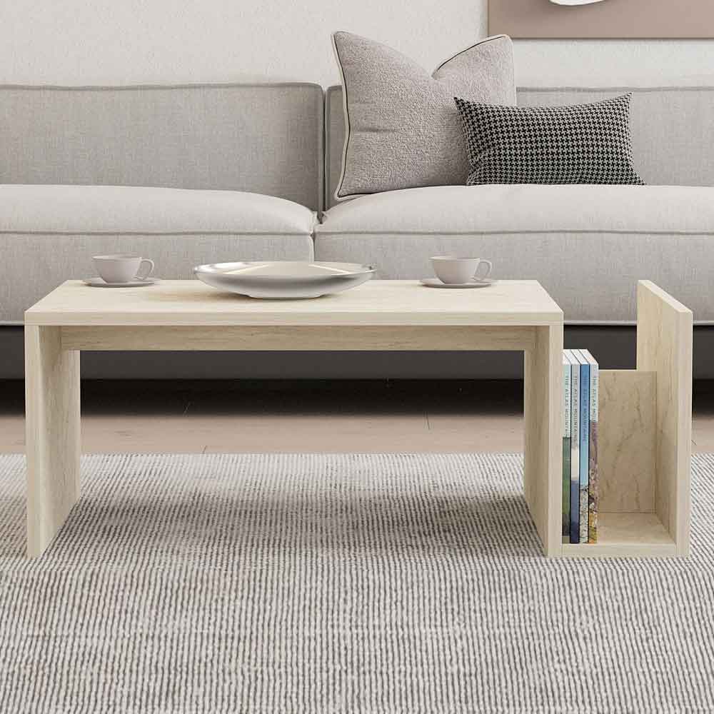 Elara Wooden Coffee Table with Magazine Rack in Travertine Marble Effect