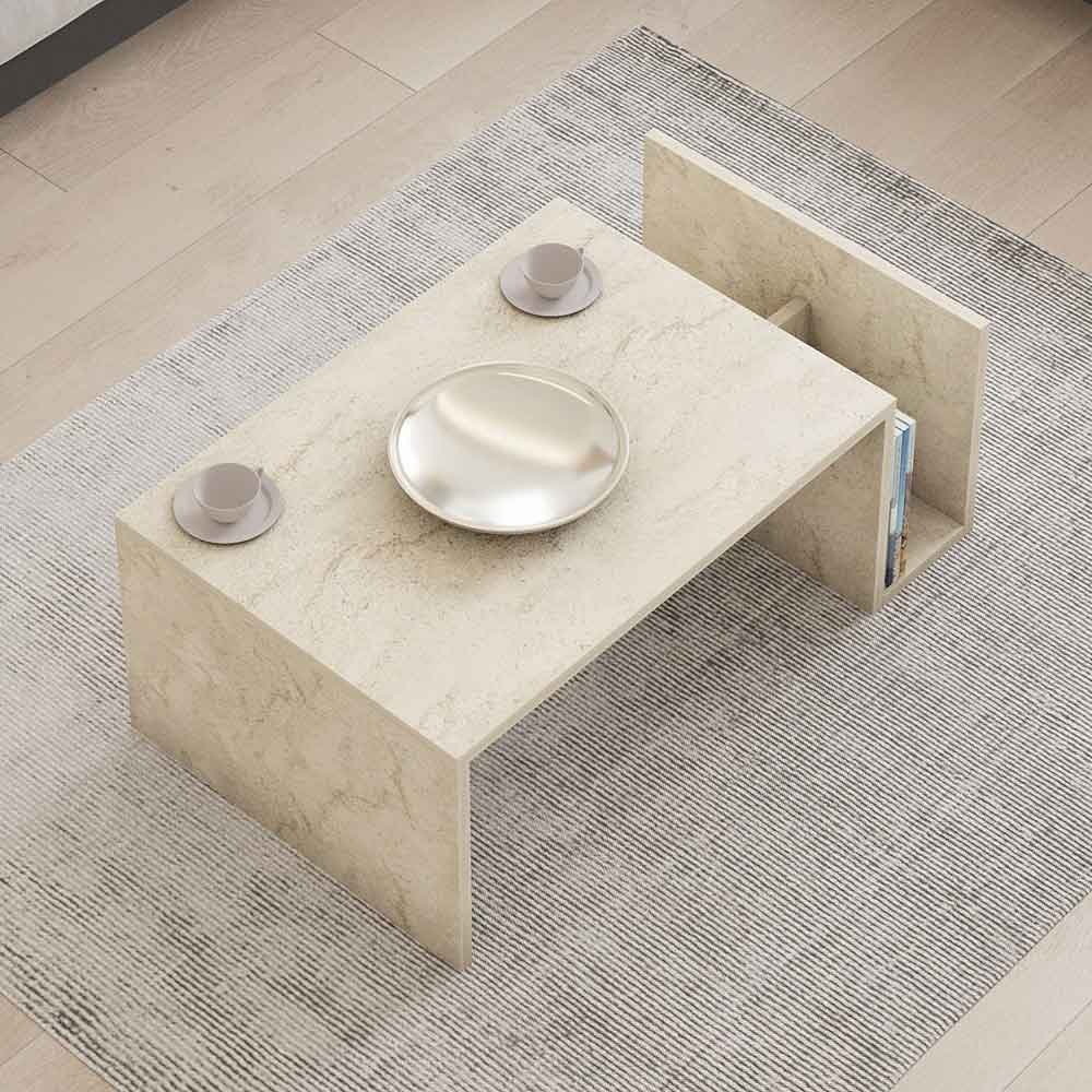 Elara Wooden Coffee Table with Magazine Rack in Travertine Marble Effect