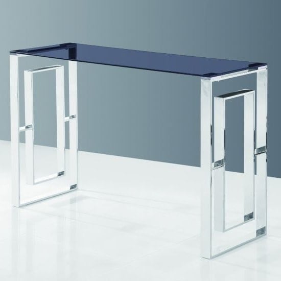 Read more about Elba glass console table in smoke with polished steel frame