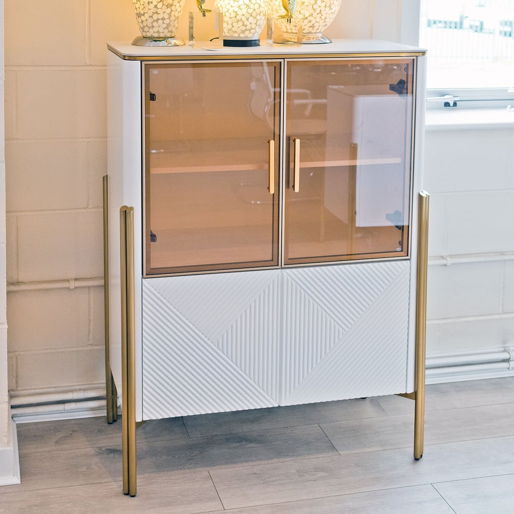 Eldora Marble Top Storage Cabinet With 4 Doors In White And Gold