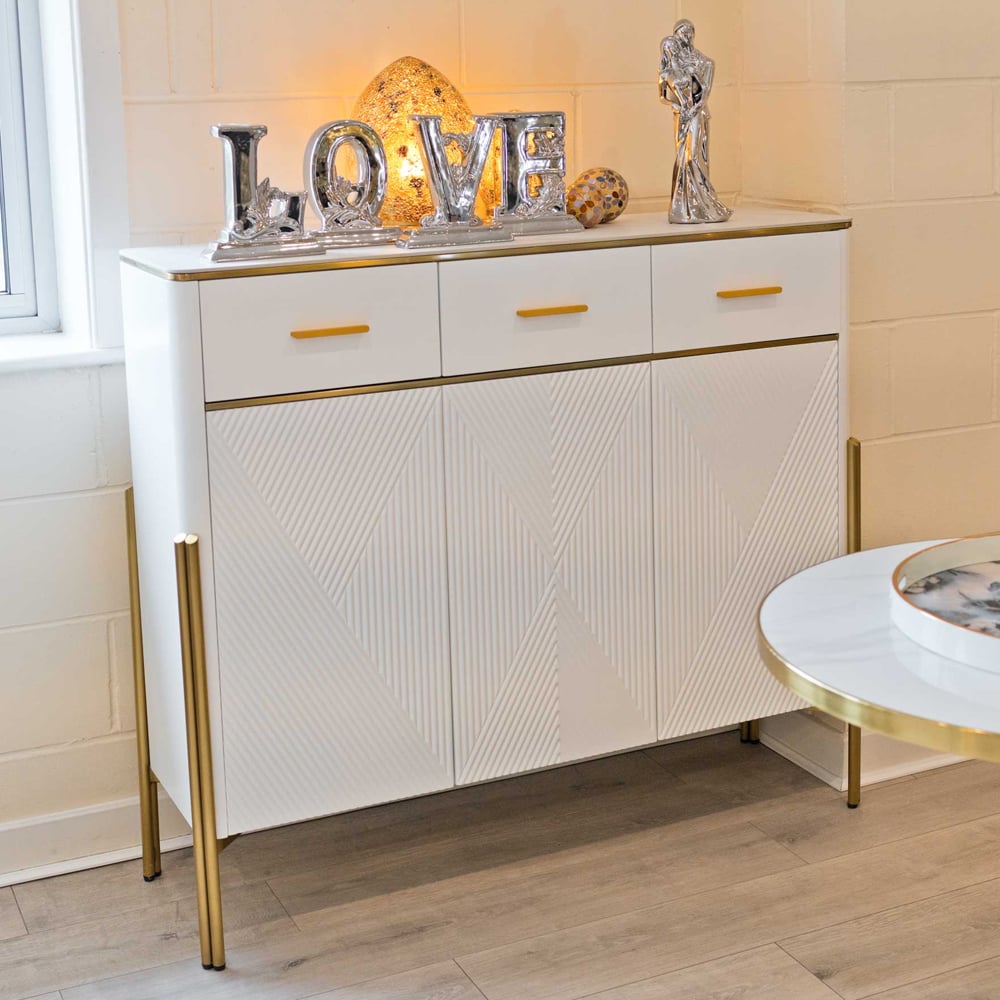 Eldora Marble Top Sideboard With 3 Doors 3 Drawers In White And Gold