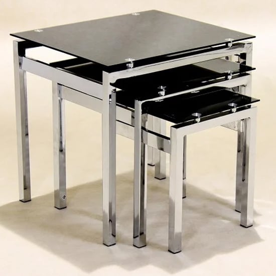 Photo of Eleanor black glass nest of 3 tables with chrome frame